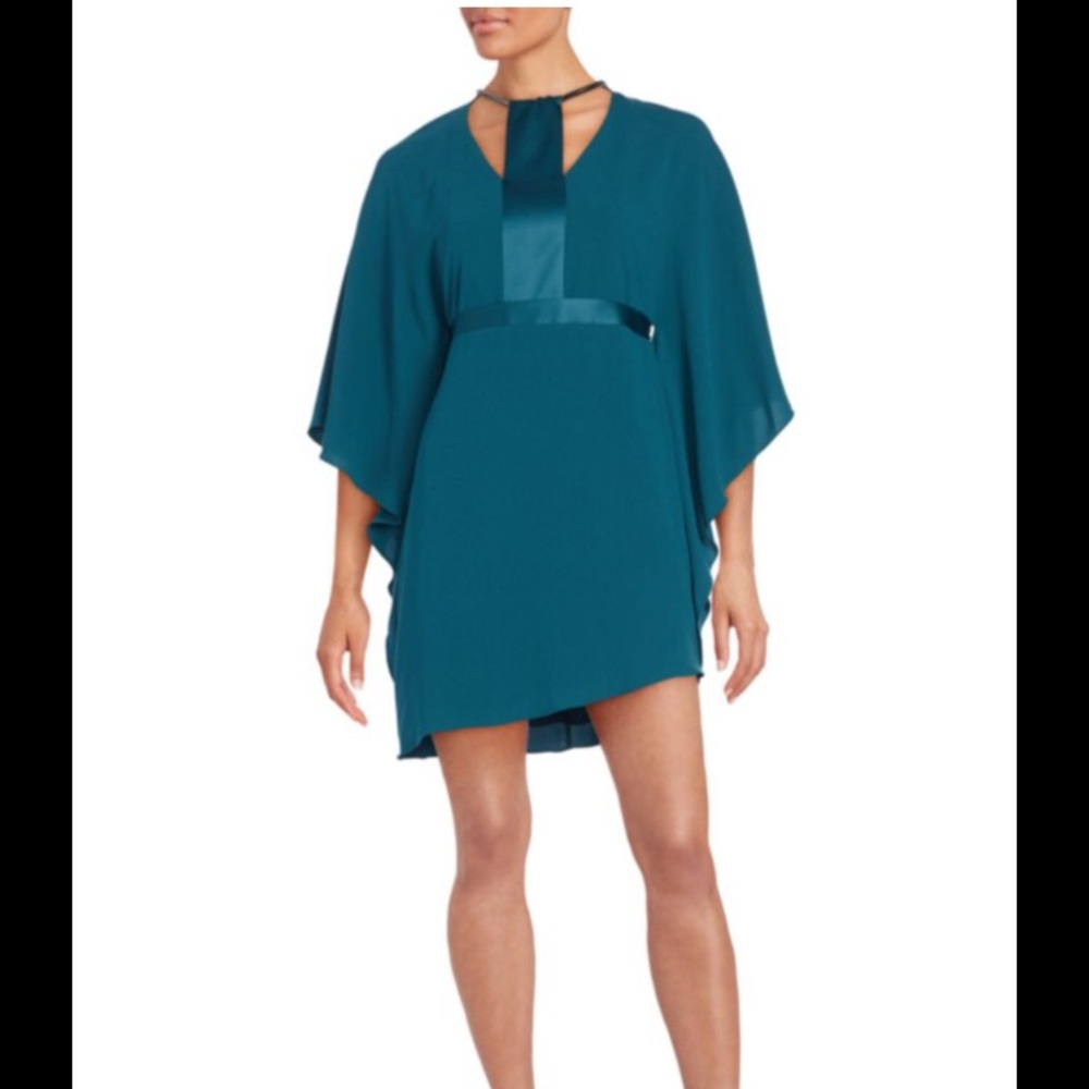 Halston Heritage Teal Cape-Sleeve Mini Dress